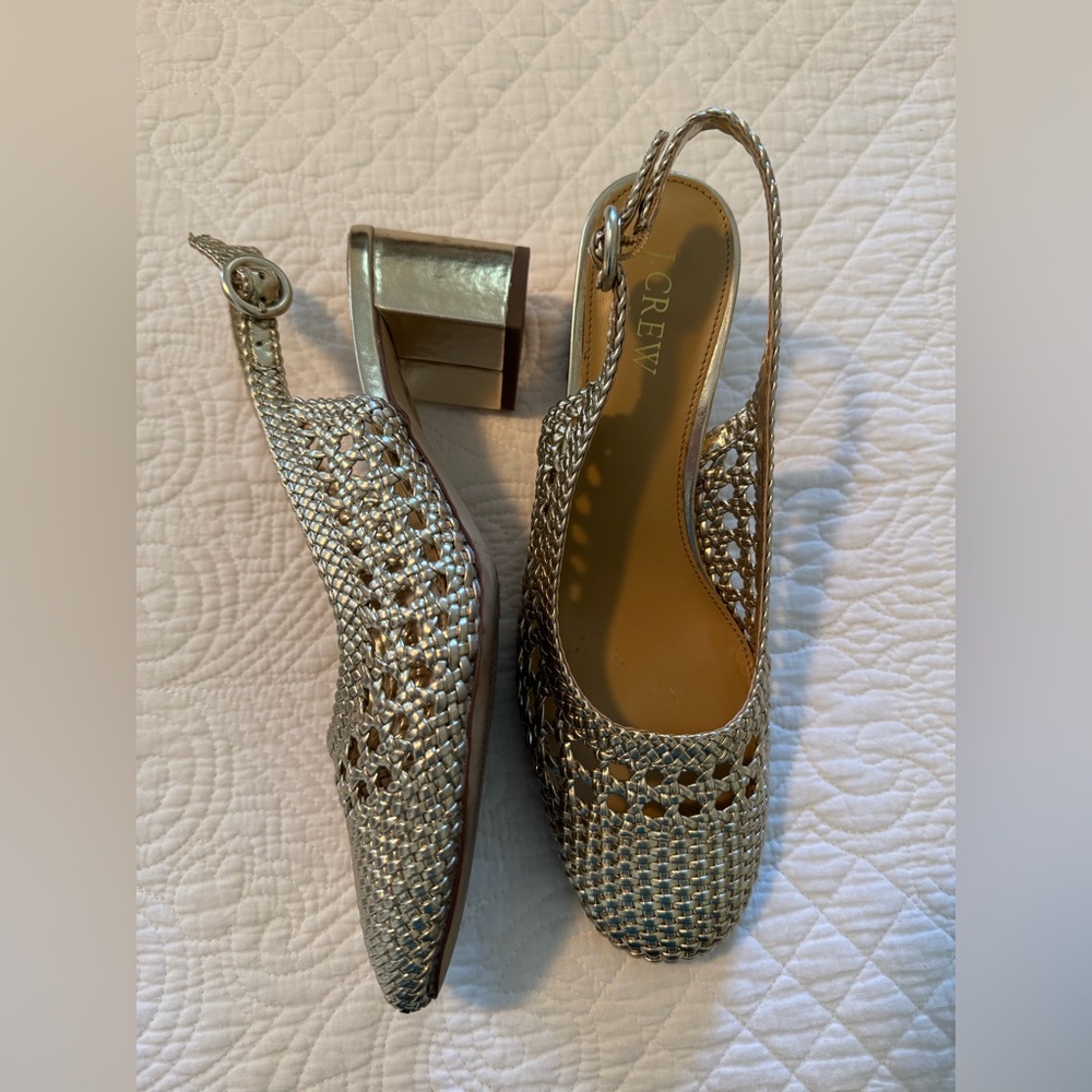 J. Crew Silver Woven Slingback Block Heel